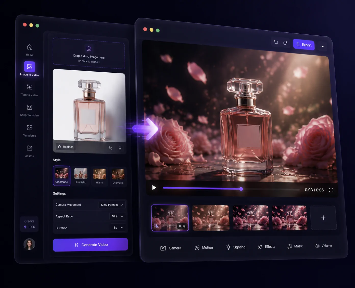 An image-to-video workflow visual showing an uploaded image transformed into a polished video result