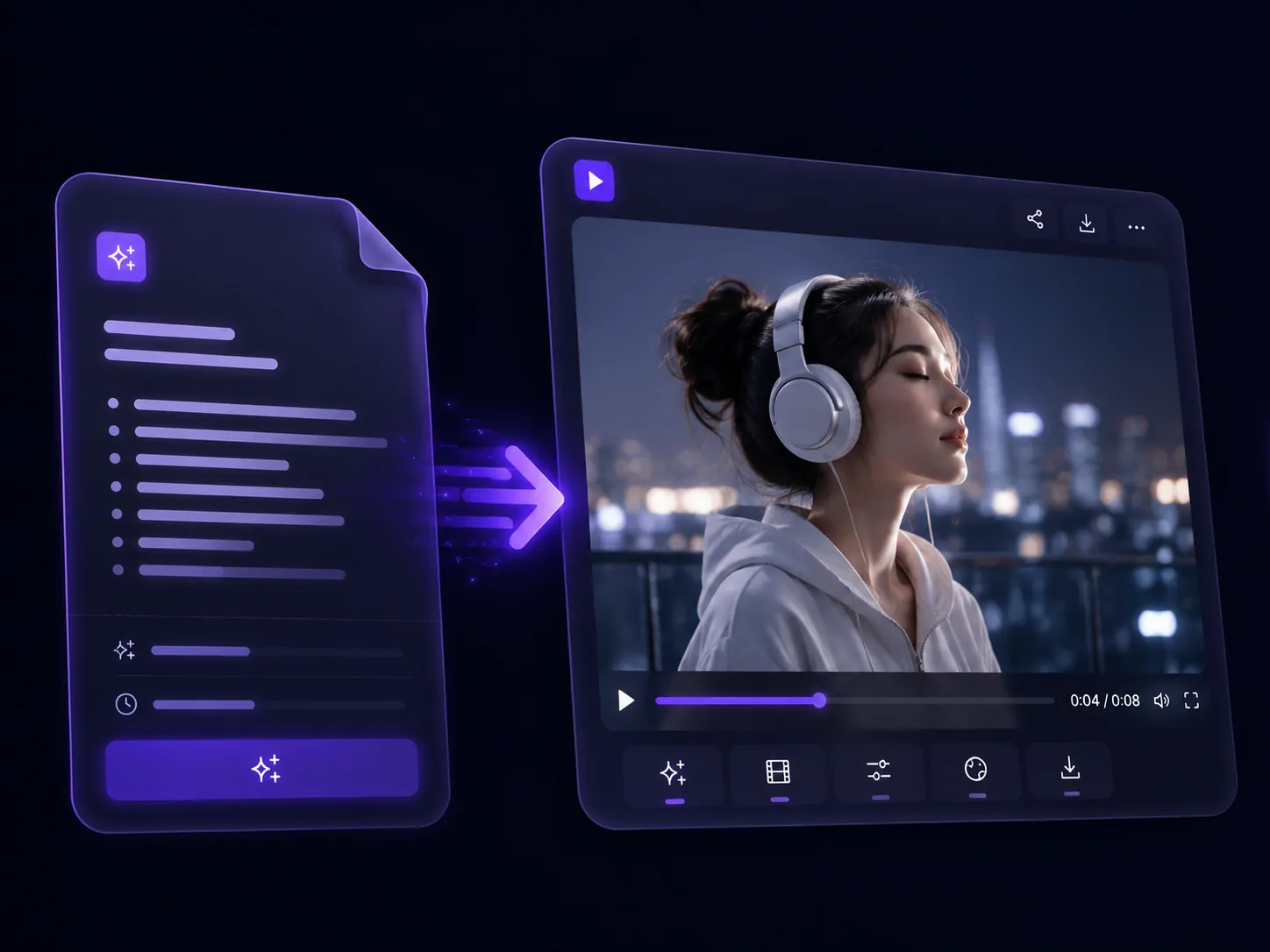 A script-to-video workflow visual showing written input transformed into a polished video result