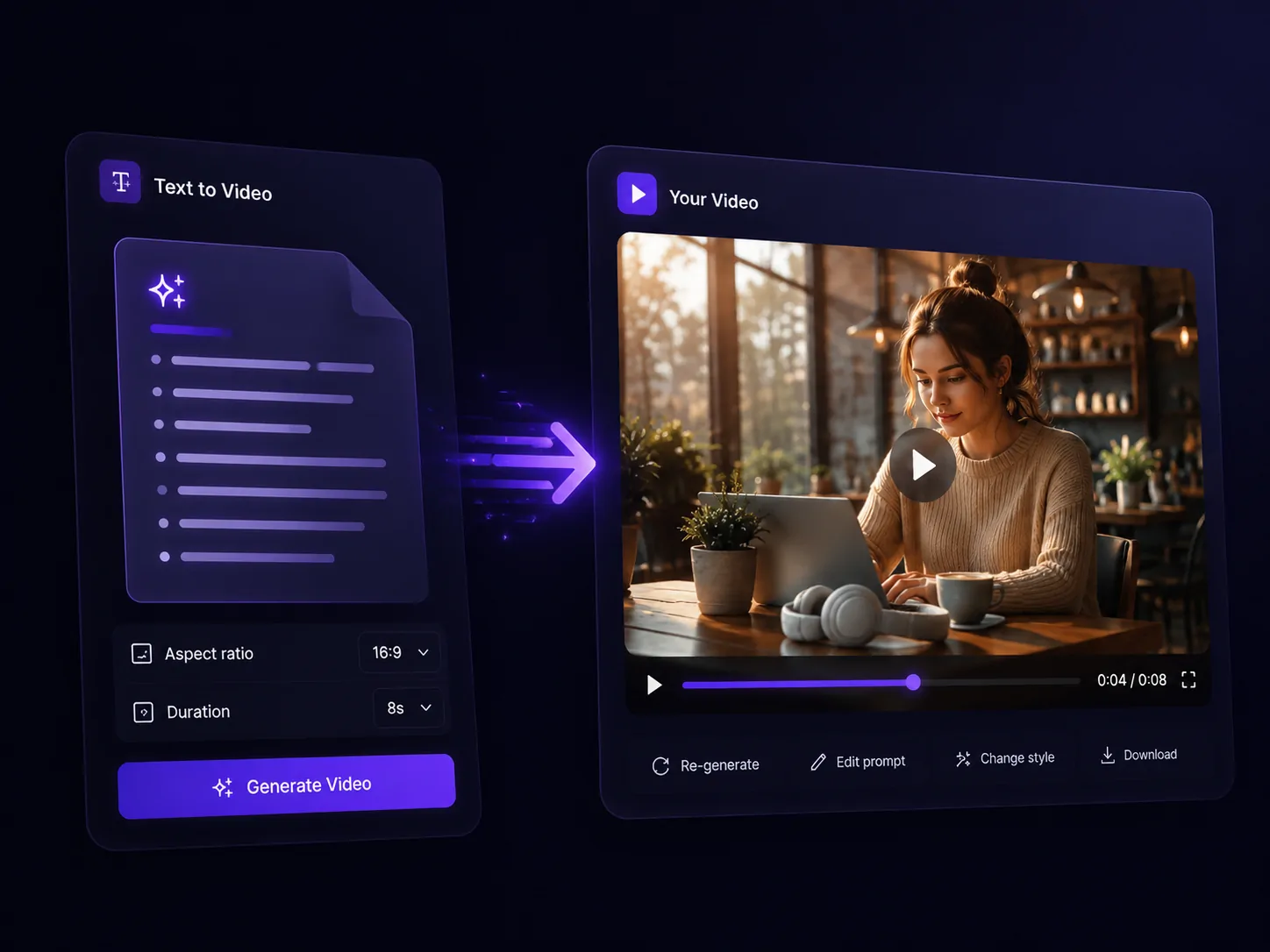 A text-to-video workflow visual showing a prompt transformed into a polished video result